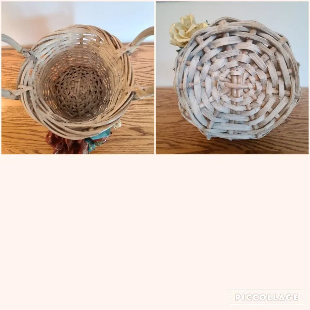 Vintage Whitewashed Wicker Basket With Molded Flowers Ribbon Details Shabby Chic